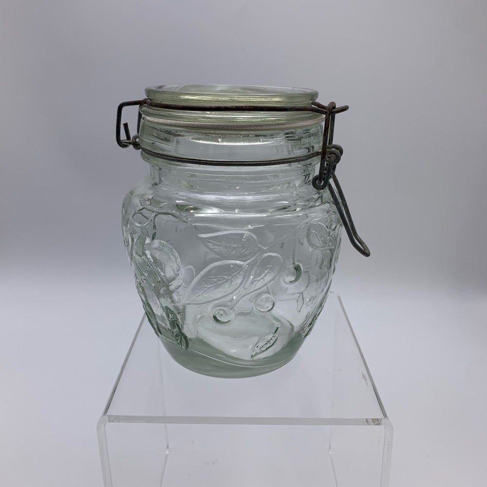 Embossed Vintage Glass Jar With Locking Lid Mason Style Jar, Canning Fruit Motif